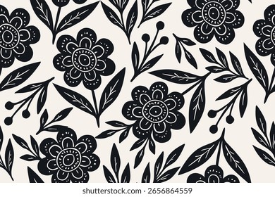 Patrón floral negro sin fisuras sobre fondo crema con flores estilizadas, hojas y bayas. Look atrevido, dibujado a mano, ideal para textiles y Fondos de pantalla.
