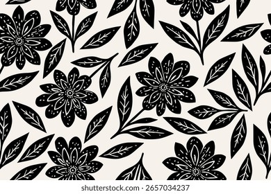 Patrón floral negro sin fisuras sobre fondo crema con flores estilizadas, hojas y bayas. Look atrevido, dibujado a mano, ideal para textiles y Fondos de pantalla.