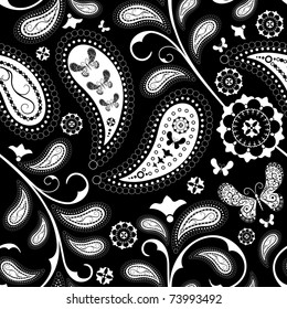Seamless black floral pattern with vintage white elements and  butterflies (vector)