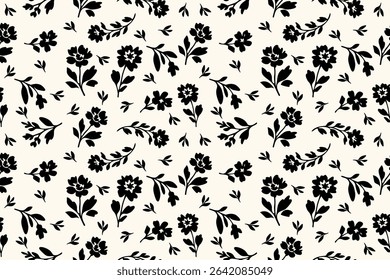 Seamless black floral silhouette pattern on a soft beige background. Elegant botanical design perfect for fabrics, wallpapers, wrapping paper, and vintage-style decor.