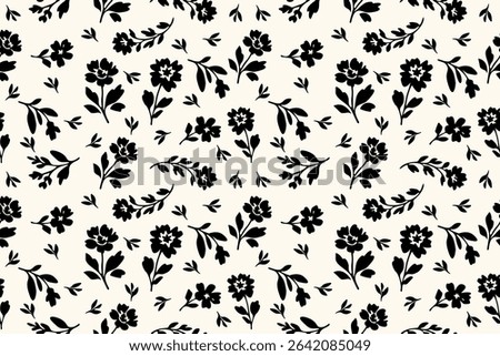 Seamless black floral silhouette pattern on a soft beige background. Elegant botanical design perfect for fabrics, wallpapers, wrapping paper, and vintage-style decor.