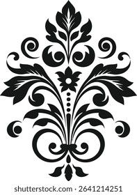 Seamless black floral vector pattern with ornate damask and swirl elements for a vintage nature illustrationSeamless black floral vector pattern with ornate damask and swirl elements for a vintage