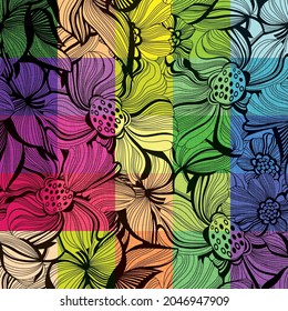seamless black flower with colorful checks pattern on textures background