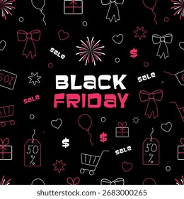 Seamless Black Friday Shopping Design with Gifts, Balloons and Tags