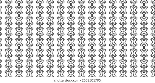 Padrão contínuo de fita geométrica preta com simetria e repetição. Ideal para têxteis, papel de parede e design de fundo. Apresenta elementos lineares, abstratos e modernos.