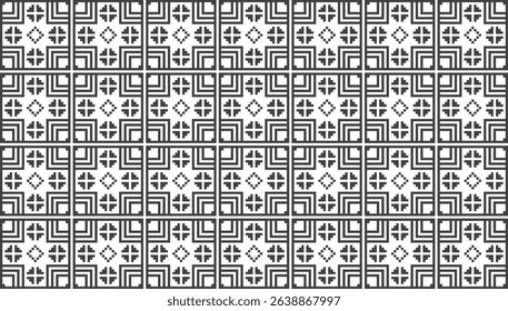 Seamless black geometric vector pattern with layered square lines and diamond shaped accents. Ideal for backgrounds, textile prints, wallpapers and decorative packaging designs