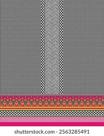 Seamless black geometrical checks pattern with paisley multicolor border. 