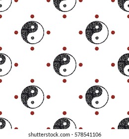 seamless black glitter yin yang with red dot glitter pattern background