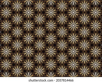 Seamless black, gold floral pattern. vector illustration. purple color. For design, wallpaper, background fills, fill, card, banner, flyer. Ethnic ornament