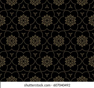 Seamless black, gold floral pattern. vector illustration. purple color. For design, wallpaper, background fills, fill, card, banner, flyer. Ethnic ornament