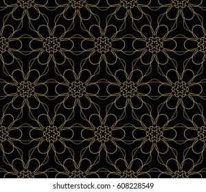 Seamless black, gold floral pattern. vector illustration. purple color. For design, wallpaper, background fills, fill, card, banner, flyer. Ethnic ornament