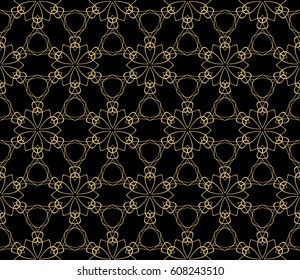 Seamless black, gold floral pattern. vector illustration. purple color. For design, wallpaper, background fills, fill, card, banner, flyer. Ethnic ornament