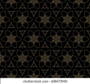 Seamless black, gold floral pattern. vector illustration. purple color. For design, wallpaper, background fills, fill, card, banner, flyer. Ethnic ornament