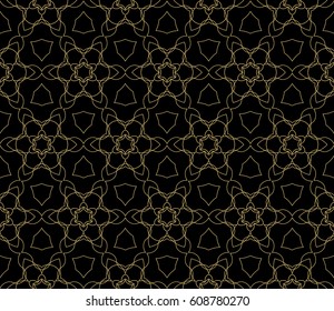 Seamless black, gold floral pattern. vector illustration. purple color. For design, wallpaper, background fills, fill, card, banner, flyer. Ethnic ornament