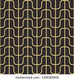 Seamless black and gold rounded zigzag outline lattice geometric pattern vector