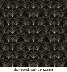 Seamless black and gold vintage art deco ornate sharp feathers outline pattern vector
