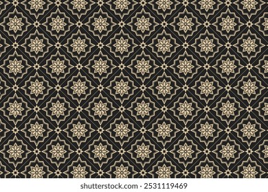 Naadloos zwart en gouden geometrisch patroon met elegant bloemmotief en sierlijk textuurontwerp