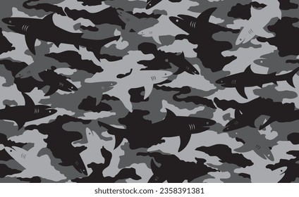 Seamless black and gray camouflage pattern with shark silhouettes