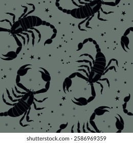 Seamless black and gray pattern with scorpions and constellations. Vector monochrome background with the Scorpio zodiac sign. Astrology template for wallpaper, textile, gift wrap paper, 