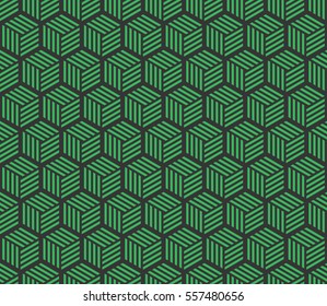 Seamless black and green hexagons with stripes pattern vector