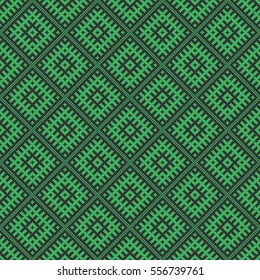 Seamless black and green vintage slavic diagonal pixel ethnic pattern vector