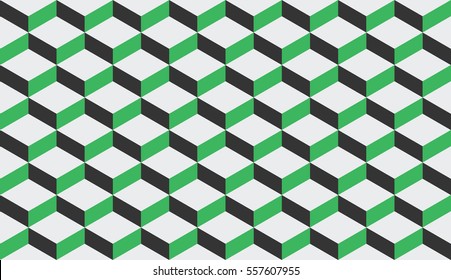 Seamless black green and white isometric flattened cubes optical illusion pattern vector