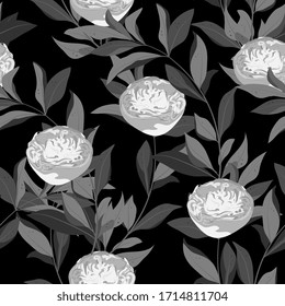 Seamless black, grey background with light white roses flowers. Vector square pattern. Repeating design for fabric and wallpaper.