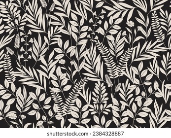 Seamless black and grey floral background with leaves. Hand drawn minimal abstract organic shapes pattern. Vector white abstact pattern with grey leaves and flowers.