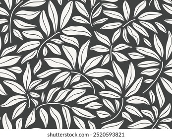Fundo floral preto e cinza sem costura com folhas. Padrão de formas orgânicas abstratas mínimas desenhadas à mão. Padrão de abstenção preto vetorial com folhas cinzentas.