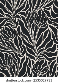 Seamless black and grey floral background with leaves. Hand drawn minimal abstract organic shapes pattern. Vector black abstact pattern with grey leaves and flowers.