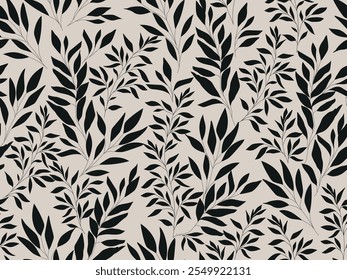 Seamless black and grey floral background with leaves. Hand drawn minimal abstract organic shapes pattern. Vector grey abstact pattern with black leaves