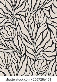 Seamless black and grey floral background with leaves. Hand drawn minimal abstract organic shapes pattern. Vector black abstact pattern with grey leaves and flowers.