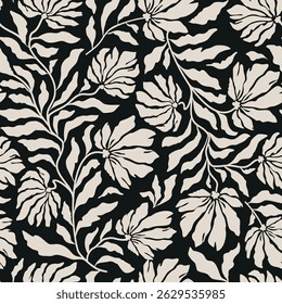 Seamless black and grey floral background with leaves and flowers. Hand drawn minimal abstract organic shapes pattern. Vector black abstact pattern with grey leaves and flowers