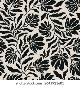 Seamless black and grey floral background with leaves. Hand drawn minimal abstract organic shapes pattern. Vector grey abstact pattern with black leaves and flowers.
