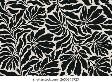 Fundo floral preto e cinza sem costura com folhas e flores. Padrão de formas orgânicas abstratas mínimas desenhadas à mão. Padrão de abstenção cinza vetorial com folhas e flores pretas