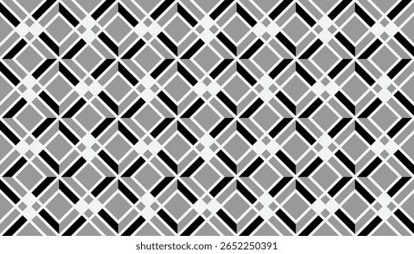 Patrón geométrico negro y gris sin costuras con Formas de diamantes en capas y líneas blancas que se cruzan, creando una textura de celosía moderna