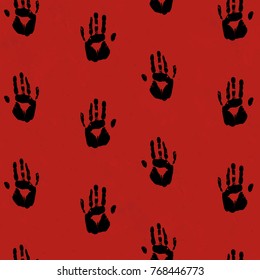 Seamless Black Hand Prints Red Structured Background Vector Pattern