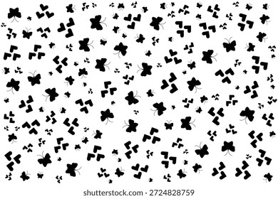 Seamless Black Heart and Butterfly Pattern with Cute Romantic Shapes on Clean White Background, Minimal Black Butterfly and Heart Icons Pattern for Love Theme Design on White, Cute Monochrome Heart and Butterfly Silhouette Pattern Background for Romantic Decor