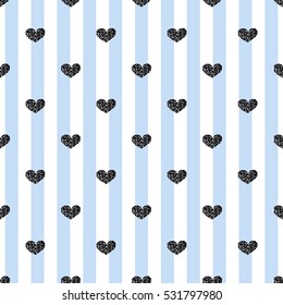 SEAMLESS BLACK HEART GLITTER PATTERN ON BLUE STRIPE BACKGROUND