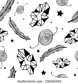 Seamless black hippie pattern with feathers, gems, stars and abstract elements on white background. Hand drawn repetitive pattern. Vector illustration for your graphic design.