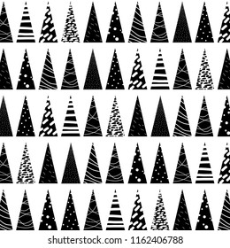 Seamless Black Horizontal Christmas Tree Triangles White Background Two-Tone Black And White Vector Pattern