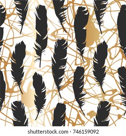 Seamless black illustration with feathers on a gold brush background. Natural vector pattern. Boho style. Simple silhouettes.