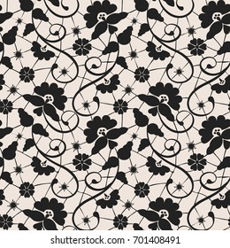 Seamless black lace background with floral pattern