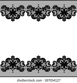 Seamless black lace border with floral pattern