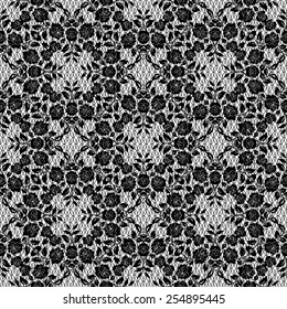 Seamless black lace with floral pattern on a white background
