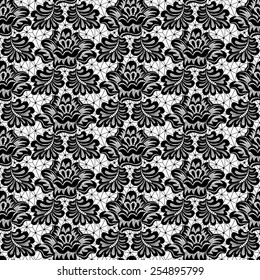 Seamless black lace with floral pattern on a white background