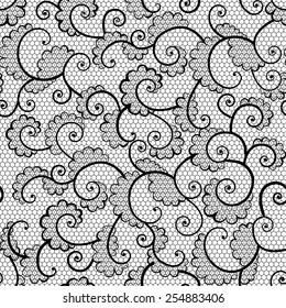Seamless black lace ornamental pattern with curls on white background