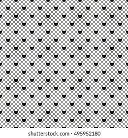 Seamless black lace pattern with hearts on white background. Vector illustration.