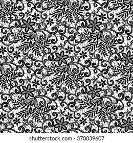 Seamless black lace pattern on a white background