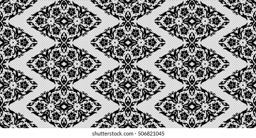 Seamless black lace pattern on a white background